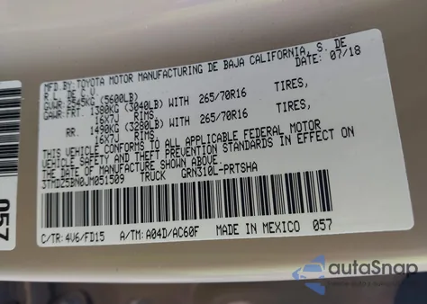 2018 Toyota Tacoma Trd Off Road из США, поврежденный, VIN 3TMDZ5BN0JM051509